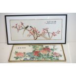 Two Chinese silk embroidered pictures, one decorated with flowers and bamboo and embroidered