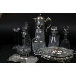 Collection of 20th century glassware to include 2 claret jugs with silver plated mounts, 7