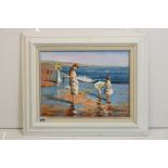 Oil on canvas of an impressionist beach scene with children beachcombing, 29.5cm x 39.5cm