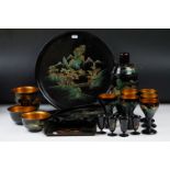 A Japanese lacquer ware cocktail set to include shaker, tray, cups, bowls....etc..