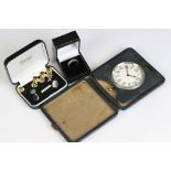 A small group of mixed collectables to include a cased stud set, an 8-day travel clock and a 9ct
