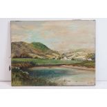 Victorian Oil Painting on Canvas of Houses and a Lake in a Hilly Landscape, signed lower right