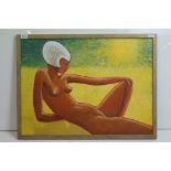 Modern British School, reclining nude, oil on board, 55 x 75cm, framed