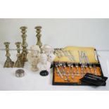 A box of mixed collectables to include a cutlery set, candlesticks, moneybox, drawing set and