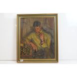 20th century oil on canvas of a portrait of a seated man with pipe, participating in a game of