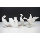 Four Lladro porcelain figures to include 6175 White Swan, 1265 Duck Jumping and two standing geese