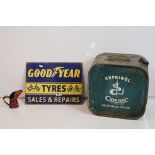A Goodyear tyres sales and repairs enamel sign together with a Cuprinol metal container and a