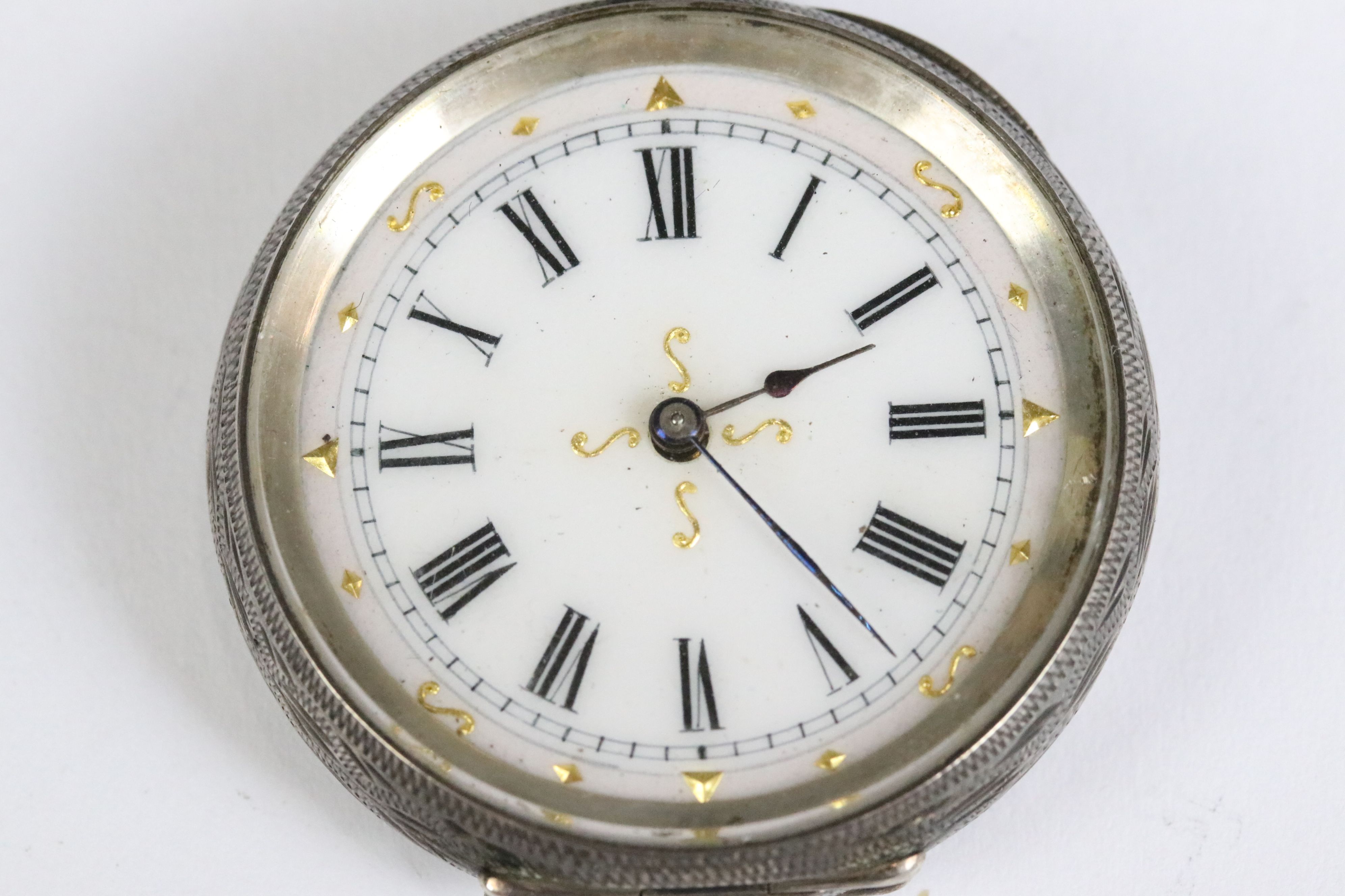 A collection of three silver cased ladies fob watches, two with enamel decoration to the dial. - Image 7 of 13