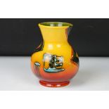 Anita Harris Art Pottery Trojan shaped vase, with geometric & stylised boat decoration, on a red &