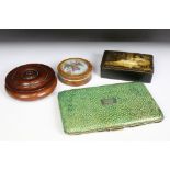 An antique shagreen cigarette case together with three snuff / trinket boxes.