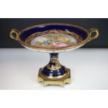 19th Century French porcelain tazza with hand painted central panel depicting a courting couple (