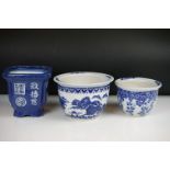 Three Chinese blue & white planters to include a square-form blue ground example with floral