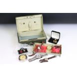 A small box of mixed collectables to include wristwatches, pocket watches, coins, token