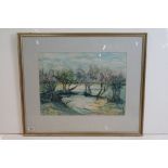 Norma Tallin, 'Snow through the Hedge', watercolour, signed in pencil lower right, 42.5 x 57.5cm,