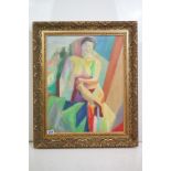 Framed modernist oil painting of a nude female in a studio posing, 52.5cm x 42cm