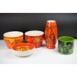 Poole Pottery - Four pieces of Delphis pattern (2 x jardinieres (shaped 73), shallow bowl (shaped