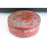 Antique Chinese tin wedding box with character marks to lid, base and sides.
