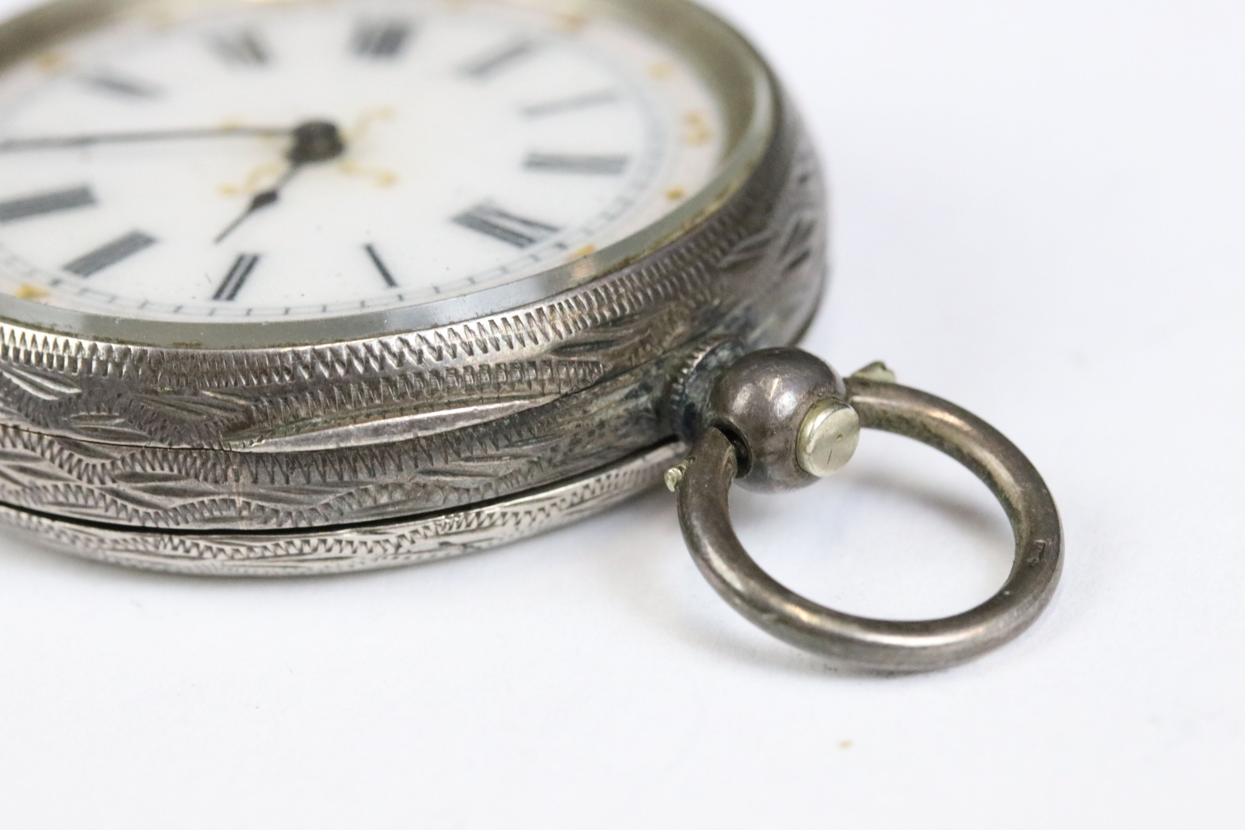 A collection of three silver cased ladies fob watches, two with enamel decoration to the dial. - Image 8 of 13