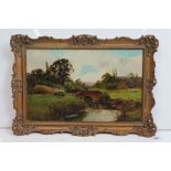 Daniel Sherrin (1869 - 1940), ' No. 6 ', countryside river scene with bridge and cottage, oil on