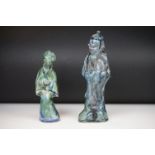 Two Chinese glazed pottery figures, modelled in traditional robed dress, the tallest with marbled