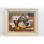 Studio framed oil painting abstract still life of fruit, goblet and objects on a table, 43cm x 57.