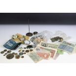 A box of mixed collectables to include Banknotes, coins , pocket watches, tokens.....etc.