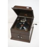 Early 20th century Oak Cased His Master's Voice / HMV Table Top Wind Up Gramophone, 40cm wide x 35cm