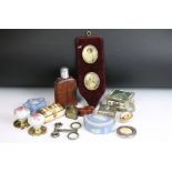 A box of mixed collectables to include folding skeletal opera glasses, leather cased hip flask,