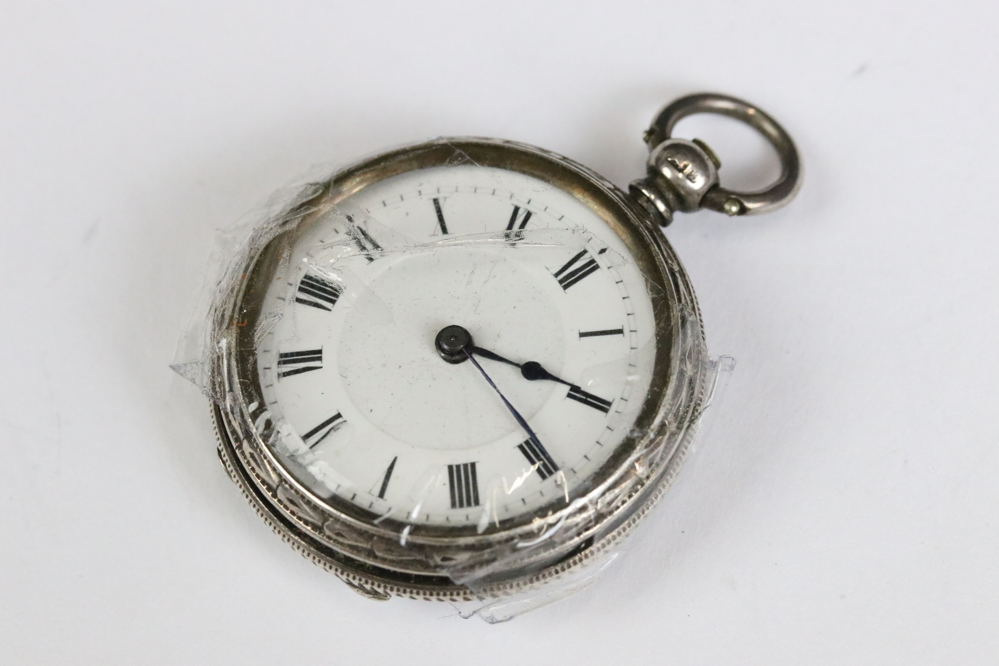 A collection of three silver cased ladies fob watches, two with enamel decoration to the dial. - Image 2 of 13