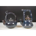 Two Chinese ceramic tea kettles & covers with mottled blue glazing, handles modelled as tree