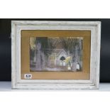 Framed and glazed etching figure with umbrella by trees before a church entrance, 18.5cm x 28cm