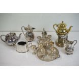 A collection of mixed silver plate to include teapots, goblets, sugar bowl, coffee / water pot,