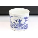 Chinese blue and white porcelain jardinière pot of cylindrical form having hand painted blue and