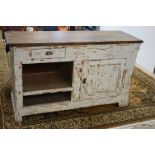 Large 19th century French Oak Shop Counter, part distressed painted, the back with cash drawer,