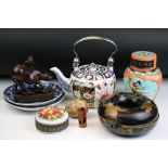 Assorted ceramics to include Imari teapot with cross mark to base, round Chinese lacquer box, two