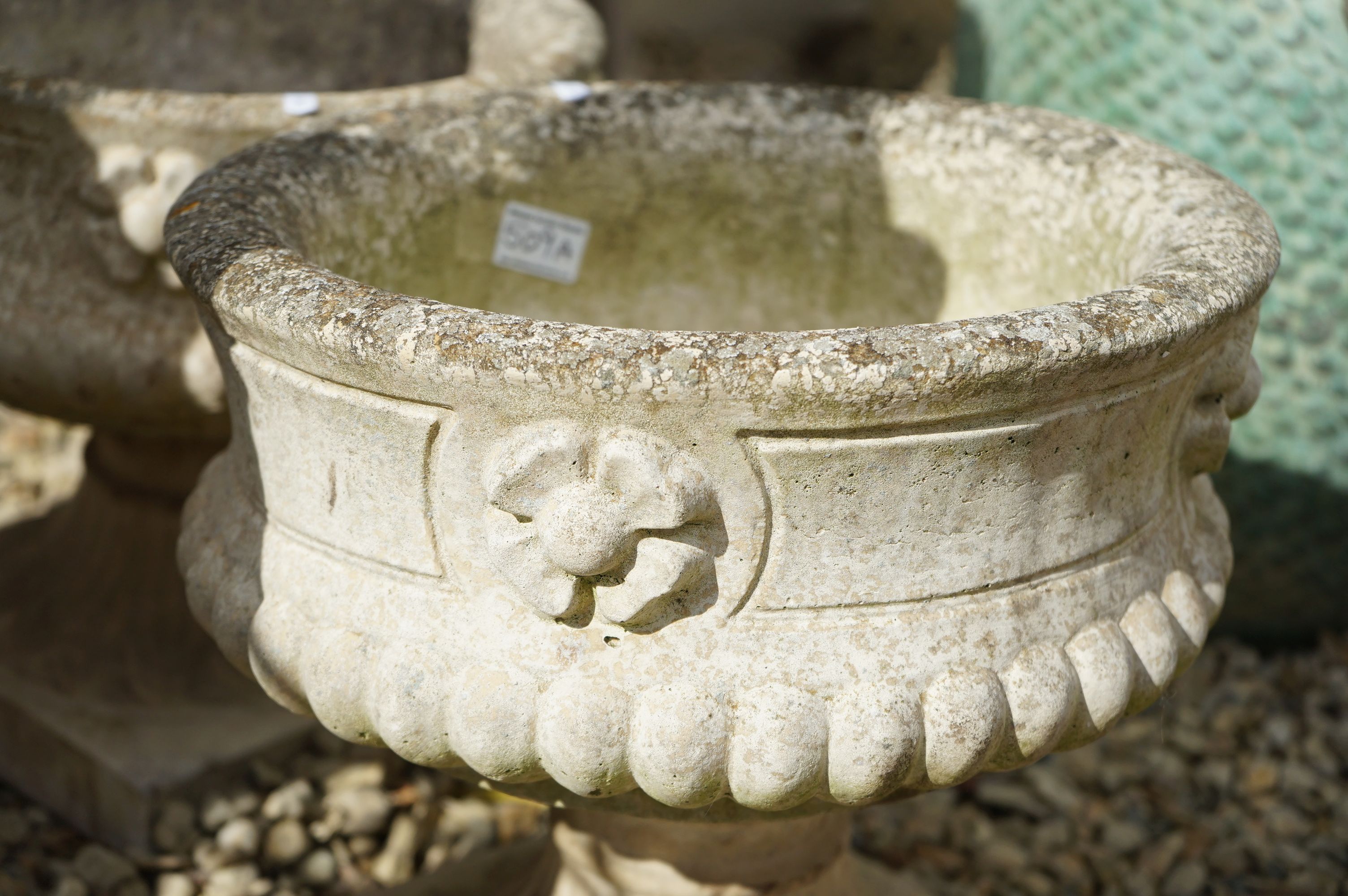 Pair of Reconstituted Stone Garden Planters in the form of Circular Urns on Stands, 38cm diameter - Image 2 of 4