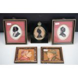 A 19th century silhouette miniature of a lady together with 4 other portrait miniatures.