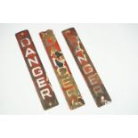 Set of three mid Century red and white enamelled danger signs each of vertical form with drills