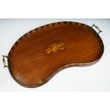 Early 20th Century mahogany inlaid kidney shaped tray having marquetry galleried sides and twin