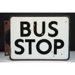 Mid Century enamelled bus stop sign. The sign of square form with black and white enamelling.