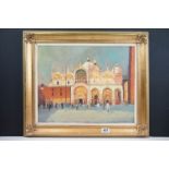 Oil on board of an impressionist view of St Marks Square Venice with figures, gilt framed 39cm x