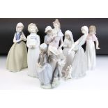 Eight Nao porcelain figurines and one Lladro figurine. The lot to include a bride, group figurine,