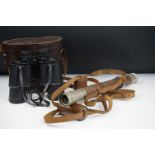 A pair of Harrods 10 x 50 binoculars together with a Ross of London telescope.