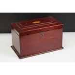 Tea caddy having a hinged lid with inlaid walnut panel opening to reveal tea bowl to the centre