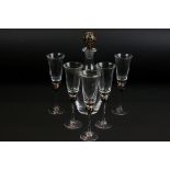 Murano glass decanter and glass set to include five glasses with mottled coloured glass knops to the