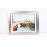 20th century oil on board study of moored fishing boats in Newlyn Harbour, 33cm x 46cm