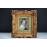 Oil on brass gilt framed portrait of a 17th century gentleman in lace collar, 7.5cm x 6cm x 30cm