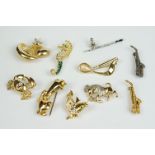 Ten Costume Jewellery Brooches, eight being Gold Tone including Sea Horse, Aries, Crab, Fish,