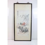 Large Chinese Watercolour depicting an Elder sat under a tree with a lion and cranes, with artists