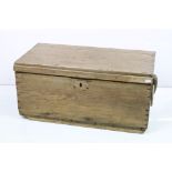 19th century Waxed Pine Tool Box with hinged lid and rope handles, 68cm long x 33cm high